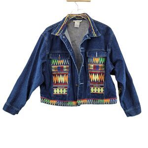Vintage Denim Trucker Jacket Embroidered Women's Large Southwestern Colorful‎